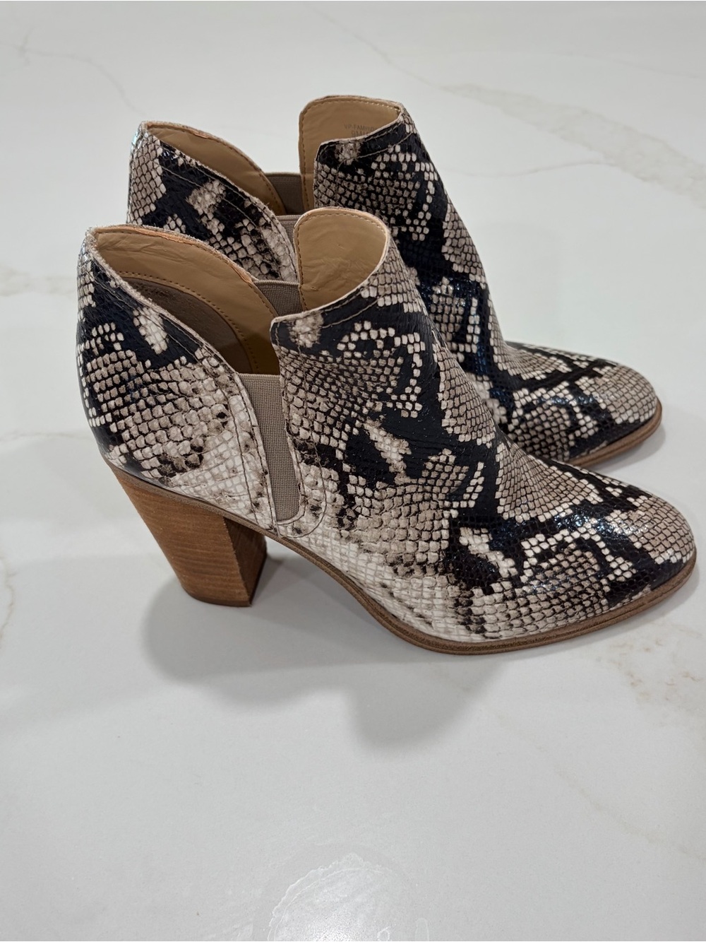 Vince Camuto Snake-Print leather Ankle Booties in Black and Cream - Picture 3 of 7